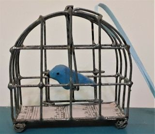 Vtg Blue Bird Wire Cage - Miniature Dollhouse,  Fairy Garden Ornament 2.  5 " Tall