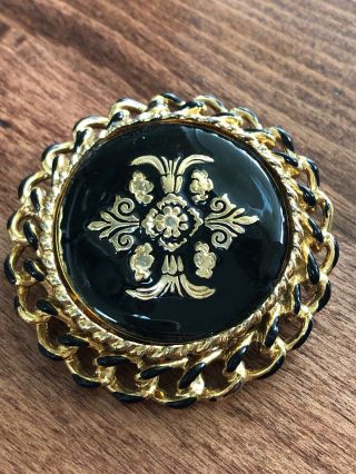 Vintage Signed Craft Black Enamel Round Gold Flower Crust Cabochon Pin Brooch