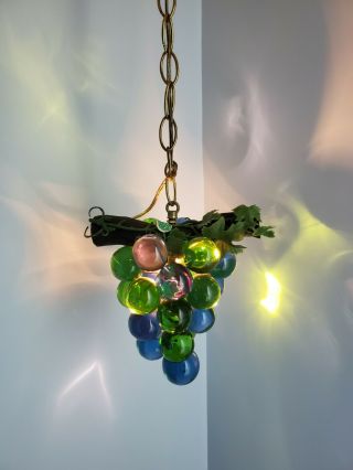 Vintage Mid Century Blue & Green Lucite Grape Cluster Hanging Swag Lamp