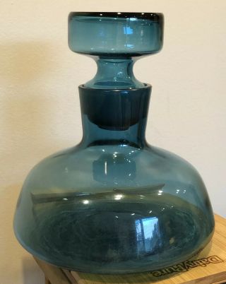 Vtg Blenko Art Glass Aqua Blue Large Heavy Vase Jar Decanter With Stopper