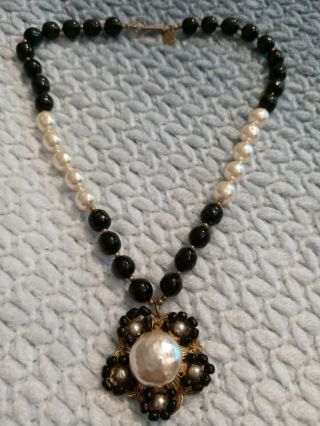Vintage Signed Miriam Haskell Baroque Faux Pearl & Black Glass Choker Necklace