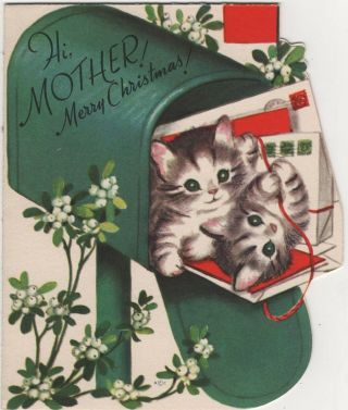 Kitten Cat Mailbox Vintage Christmas Card For Mother Marjorie Cooper Rust Craft