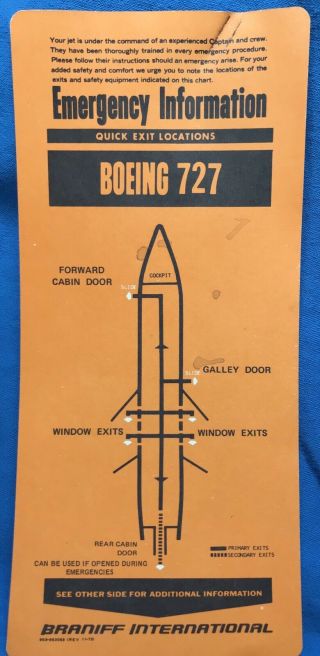 Braniff International Emergancy Information Card,  Boeing 727 (11 - 73)