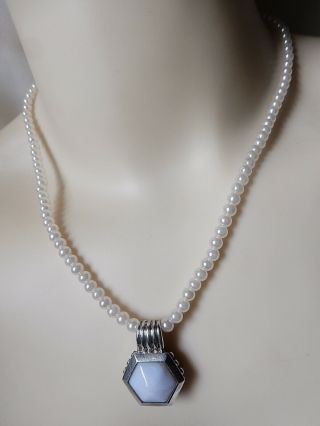 Vintage Estate Faux Pearl Necklace W/sterling Silver Angelite Octagon Pendant.