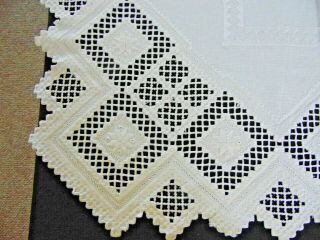 Vintage Handmade HARDANGER Swedish Embroidery Bright White Table Topper 30 
