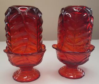 2 Vintage Ruby Red Viking Glass Fairy Light Candle Holder Lamp Votive Lotus Leaf