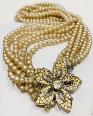 Vintage Judy Lee Multi Strand Simulated Pearl Necklace Rhinestone Flower Clasp