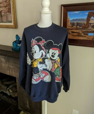Vintage 90s Worn Distressed Mickey And Minnie Navy Blue Sweatershirt Lightweight