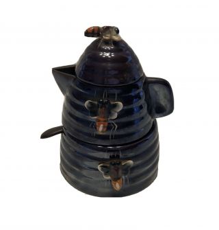 Vintage Dark Brown Ceramic Beehive Honey Pot & Spoon Bee Hive Jar 4 Piece
