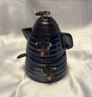 Vintage Dark Brown Ceramic Beehive Honey Pot & Spoon Bee Hive Jar 4 Piece 2