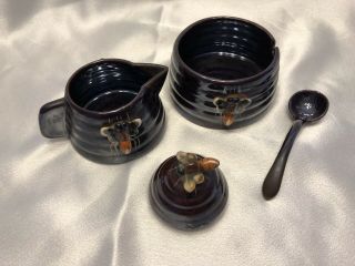 Vintage Dark Brown Ceramic Beehive Honey Pot & Spoon Bee Hive Jar 4 Piece 3