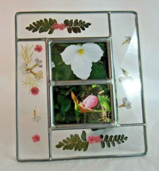 Vtg Pressed Dried Flowers & Metal Double Photo Picture Frame Leaves Green 7 X 6 "
