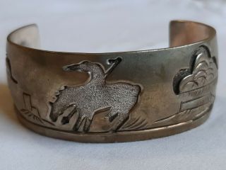 Vintage Old Pawn Sterling Silver Heavy Navajo Storyteller Wide Cuff Bracelet 7 "