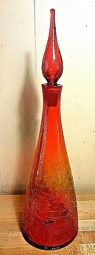 Vintage Blenko Amberina Crackle Glass Bottle 17 "