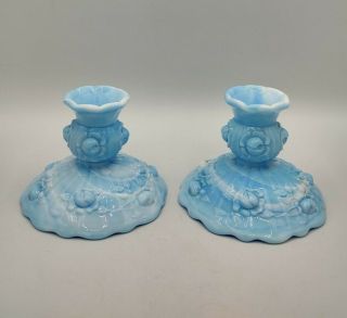 Vintage Set (2) Fenton Blue Marble Slag Glass Cabbage Rose Candlesticks