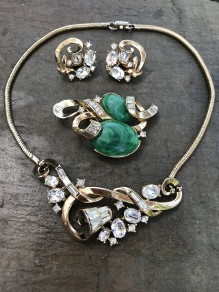 Vintage Crown Trifari Rhinestone Necklace,  Earring & Brooch Set Gf