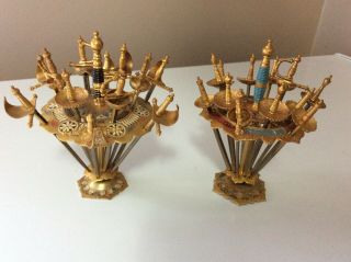 Vintage Brass Toledo Spain Sword Cocktail Appetizer 24 Picks With Two Stand