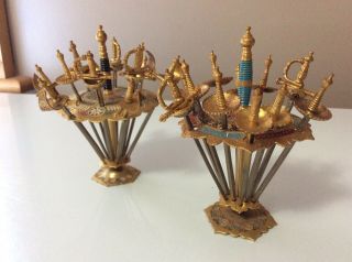 Vintage Brass Toledo Spain Sword Cocktail Appetizer 24 Picks With two Stand 2