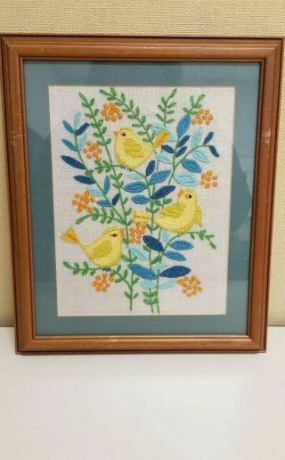 Vintage Crewel Embroidery Yarn 3 Yellow Baby Birds And Flowers Framed Artwork