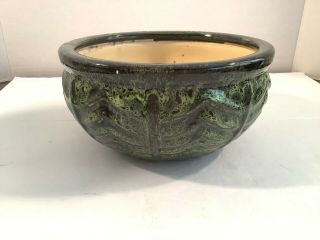 Vintage Ceramic Pottery Planter Pot Green Speckled Glazed Zigzags