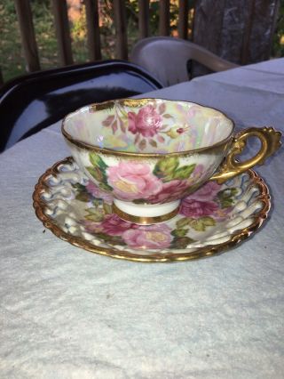 Vintage Royal Sealy Pink Rose Bone China Tea Cup & Laced Saucer Set