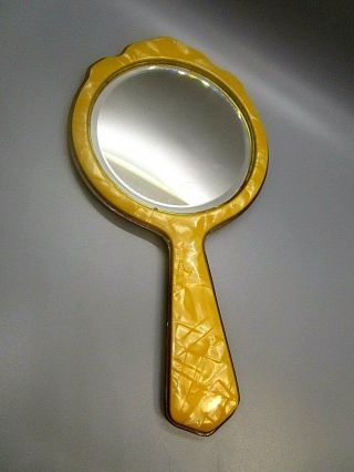 Vintage Bakelite Marbled Celluloid Gold Art Deco Hand Vanity Mirror