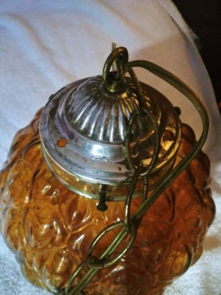 Vintage Mid Century Modern Amber Glass Hanging Swag lamp Pendant light ribbed 3