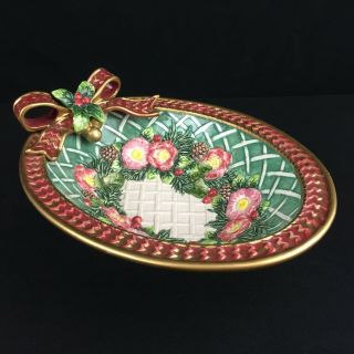 Vtg Oval Vegetable Serving Bowl By Fitz And Floyd Christmas Wreath Green Lattice