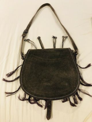 Vintage Hunting All Leather Shoulder Strap Bird Bag Woven Unique Suede Olive