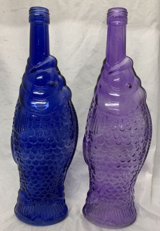 Vintage Antinori Wine Bottle Blue Purple Glass Fish 12” Threaded Neck