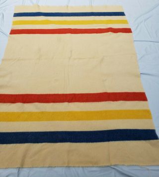 Vintage Orrlaskan 100 Wool Blanket Blue Red Yellow Stripe Cream 80 " X 72 " Ohio