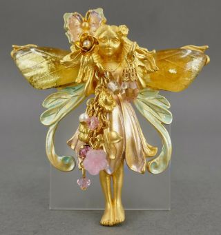 Vtg Kirks Folly Primrose Flower Fairy Retired Gold & Enamel Pendant Brooch Qvc