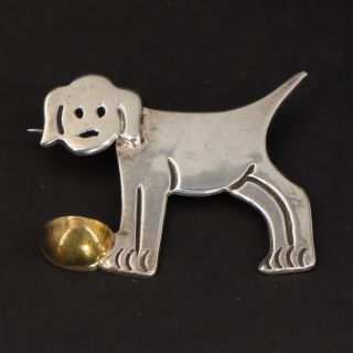 Vtg Sterling Silver & Brass Accent - Puppy Dog Bowl Animal Brooch Pin - 13g