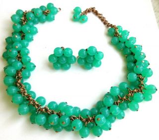 Art Deco Era Vintage Jade - Green Glass Beads Fringe Necklace & Earrings Set