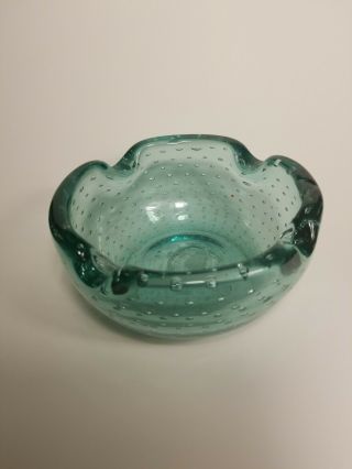 Vintage Hand Blown Aqua Blue Controlled Bubble Dish Ashtray 50 