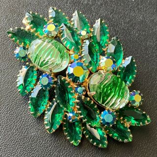 D&e Juliana Vintage Emerald Green Givre Glass Flower Rhinestone Brooch Pin 40