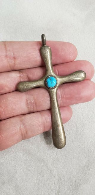 Vintage Navajo Old Pawn Large Sandcast Sterling Silver Turquoise Cross Pendant
