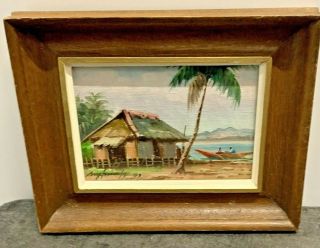 Small Vintage 1943 Framed Oil Painting Palm Tree Village Beach Seashore Scene