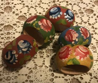 Vintage Hand Painted Artsy Florals 5 Wooden Napkin Rings