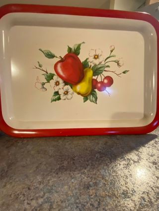 Vintage Metal Kitchen Tray Fruit Pattern With Red Trim Decor 1940s/50s