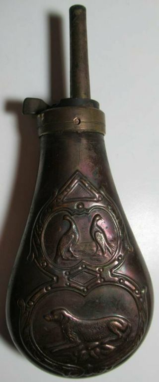 Copper & Brass Black Powder Gun Flask Vintage Powder Horn Dog & Birds