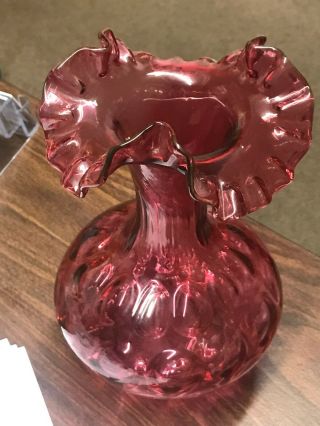 Fenton Cranberry Coin Dot Large Ruffled Vase,  Vintage,  8.  5 " Tall,  5.  5 " Wide