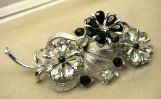 Huge Vintage Signed Coro Black & White Rhinestone Daisy Flower Pin Brooch Usa