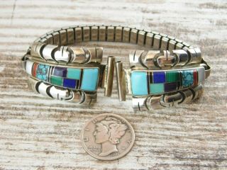 Vintage Navajo Old Pawn Sterling Silver Lapis Turquoise Ladies Watch Tips Band