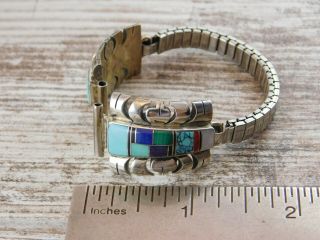 VINTAGE NAVAJO Old Pawn STERLING SILVER Lapis Turquoise LADIES Watch TIPS Band 2