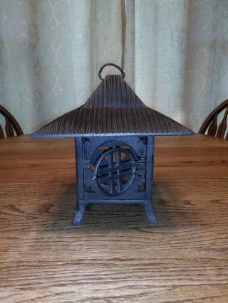 Vintage Cast Iron Pagoda Oriental Hanging Garden Lantern Candle Holder