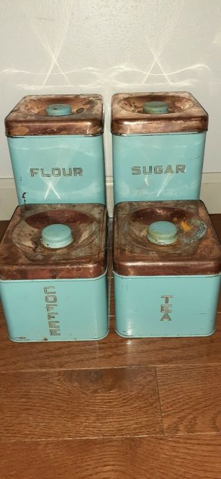 1950s Vintage Lincoln Beautyware Turquoise Mid Century Canister Set Copper Lids