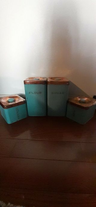 1950s Vintage Lincoln Beautyware Turquoise Mid century Canister Set copper lids 2
