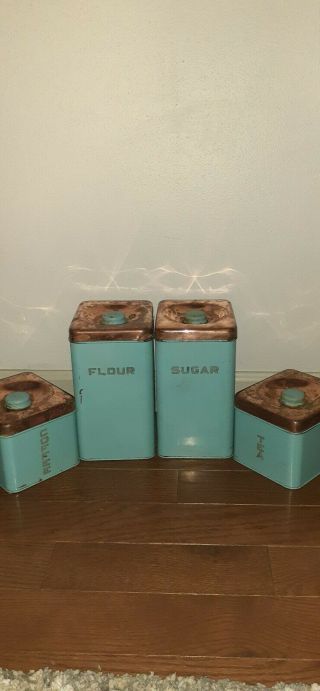 1950s Vintage Lincoln Beautyware Turquoise Mid century Canister Set copper lids 3