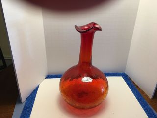 Vintage Handcrafted Blenko Crackle Glass Vase W Ruffled Top Tangerine/amberina